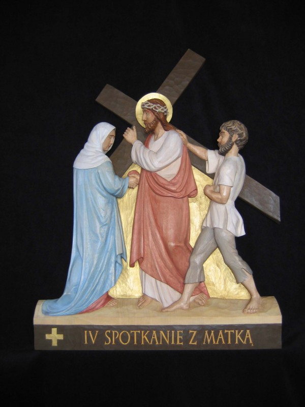 IV stacja drogi krzyżowej - Pan Jezus spotyka swoją Matkę - płaskorzeźba, figura, rzeźba w drewnie