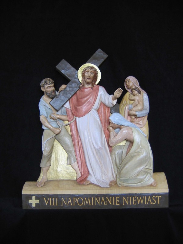 VIII stacja drogi krzyżowej - Jezus pociesza niewiasty - płaskorzeźba, figura, rzeźba w drewnie