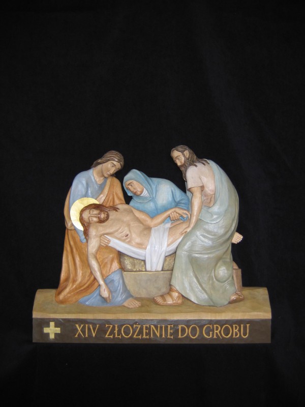 XIV stacja drogi krzyżowej - Jezus złożony do grobu - płaskorzeźba, figura, rzeźba w drewnie