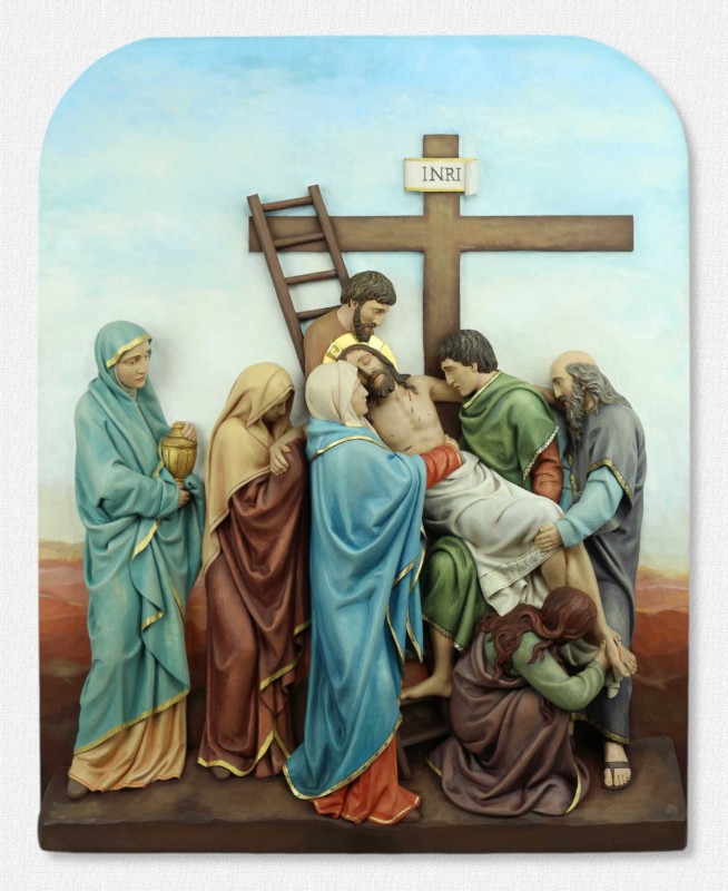 Stacje Drogi Krzyżowej - Stacja 13 - Jezus zdjęcty z krzyża i oddany Matce - rzeźba, figura w drewnie