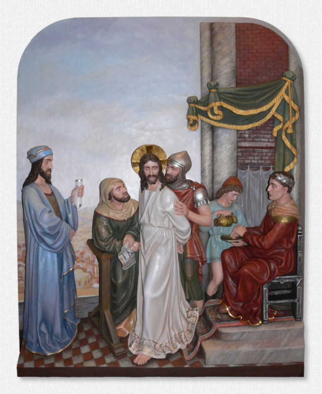 Stacje Drogi Krzyżowej - Stacja 1 - Pan Jezus na śmierć skazany - płaskorzeźba drewniana