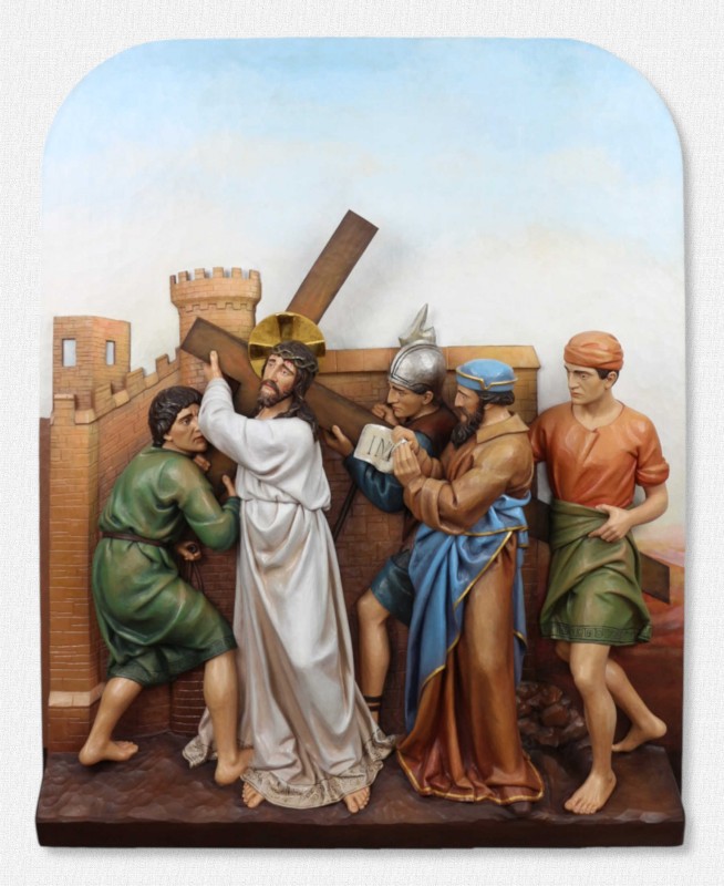Stacje Drogi Krzyżowej - Stacja 2 - Jezus bierze krzyż na swoje ramiona - rzeźba z drewna polichromowana
