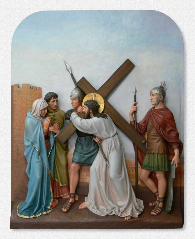 Stacje Drogi Krzyżowej - Stacja 4 - Jezus spotyka swoją Matkę - polichromowana rzeźba w drewnie