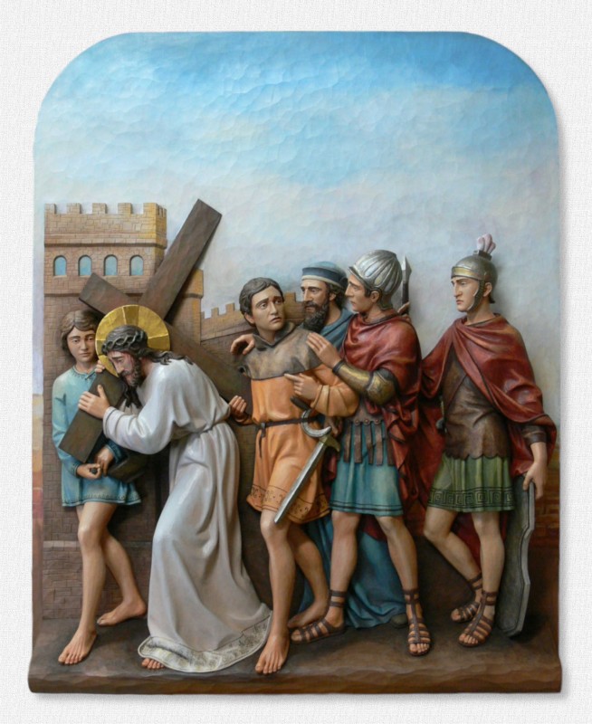 Stacje Drogi Krzyżowej - Stacja 5 - Szymon Cyrenejczyk pomaga nieść krzyż Jezusowi - snycerstwo artystyczne