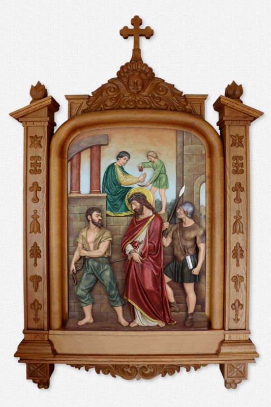 Stacja 1 - Jezus na śmierć skazany - płaskorzeźba drewniana