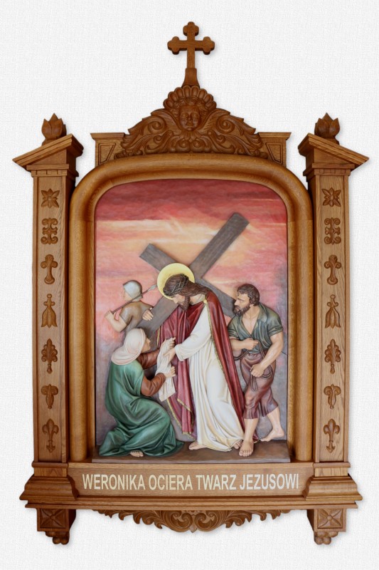 Stacja 6 - Stacje Drogi Krzyżowej - Święta Weronika ociera twarz Jezusowi - płaskorzeźba w dębowej ramie