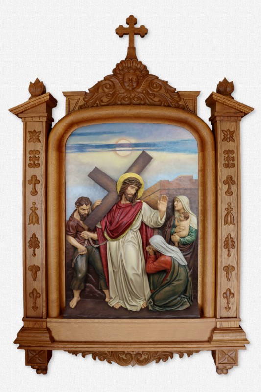 Stacja 8 - Stacje Drogi Krzyżowej - Jezus pociesza niewiasty - rzeźbiona z dębowej ramie - figura drewniana