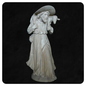 Dobry Pasterz - rzeźba w drewnie, postać z owieczką na barkach