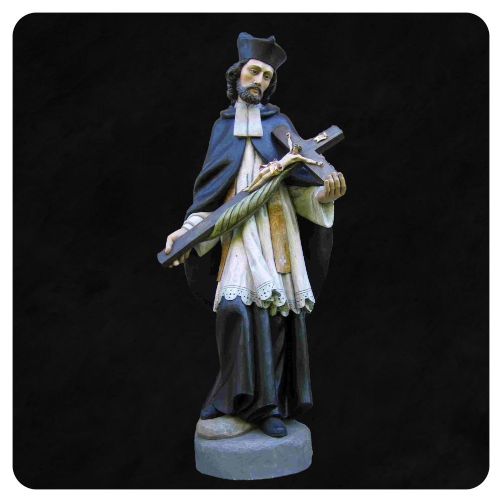 Jan Nepomucen - rzeźba drewniana. Postać trzymająca krzyż na rękach