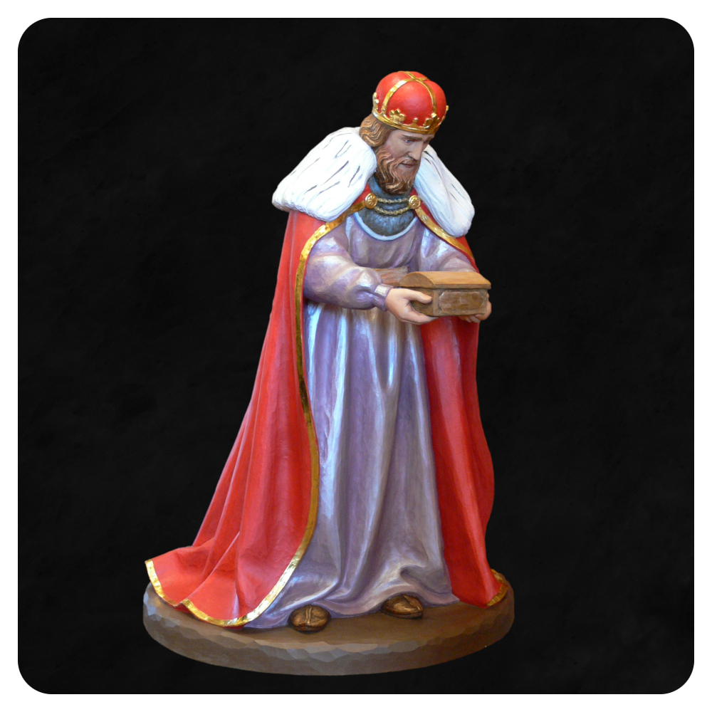 Figura Trzech Króli do szopki bożonarodzeniowej, stojący król niosący dar, na czarnym tle