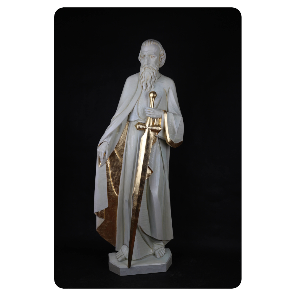 Rzeźba postaci świętego Pawła, polichromowana, z mieczem w ręku