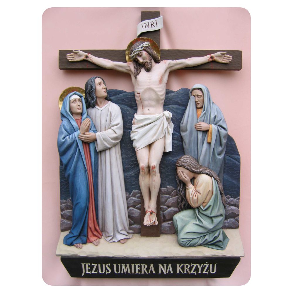 Stacja 12 Drogi Krzyżowej - Jezus umiera na krzyżu - rzeźba w drewnie