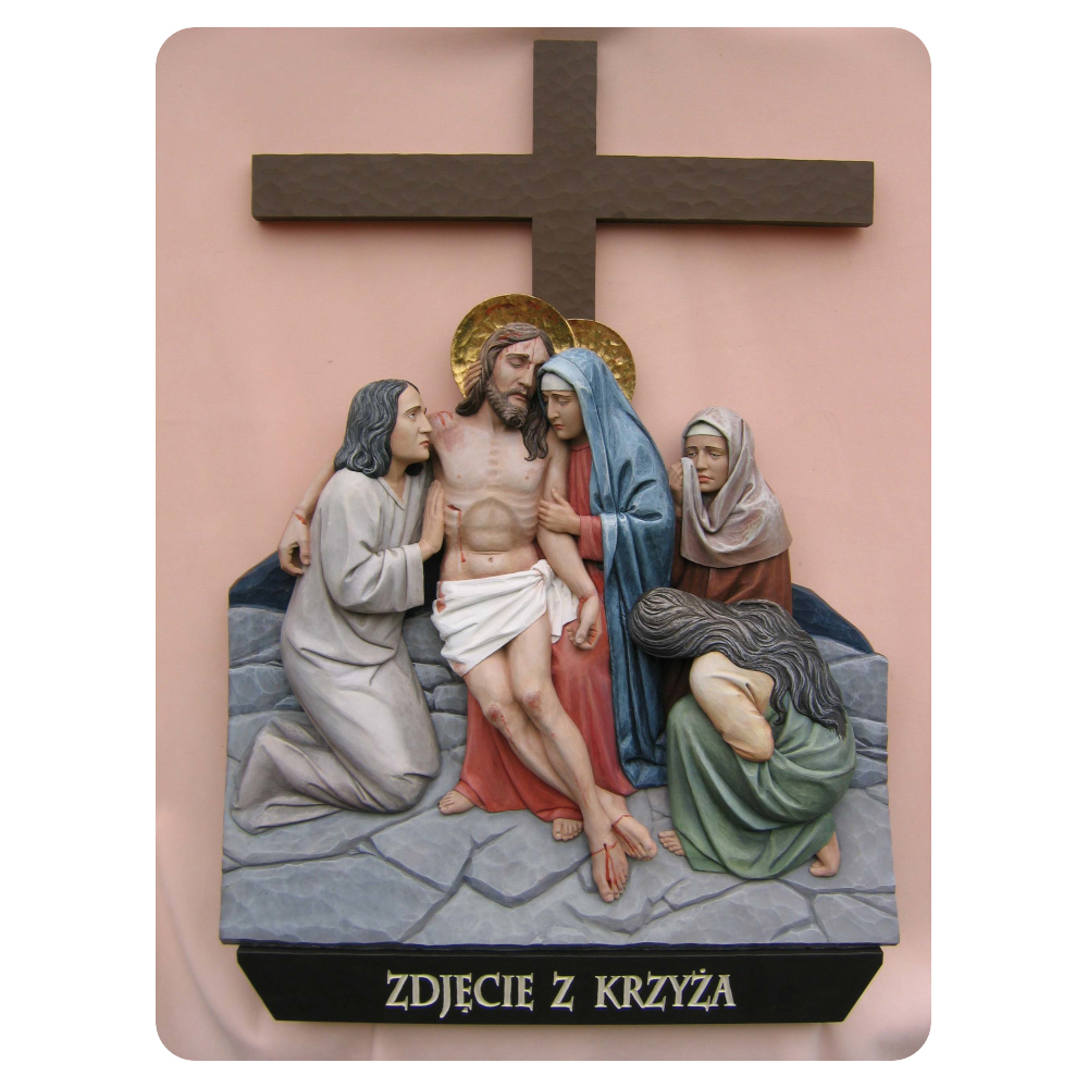 Stacja 13 Drogi Krzyżowej - Zdjęcie z krzyża - rzeźba w drewnie