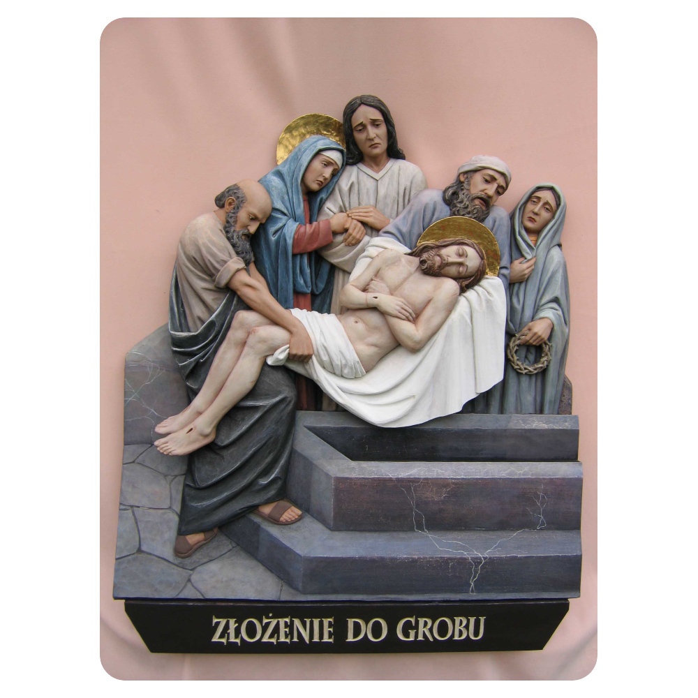 Stacja 14 Drogi Krzyżowej - Złożenie do grobu - rzeźba w drewnie