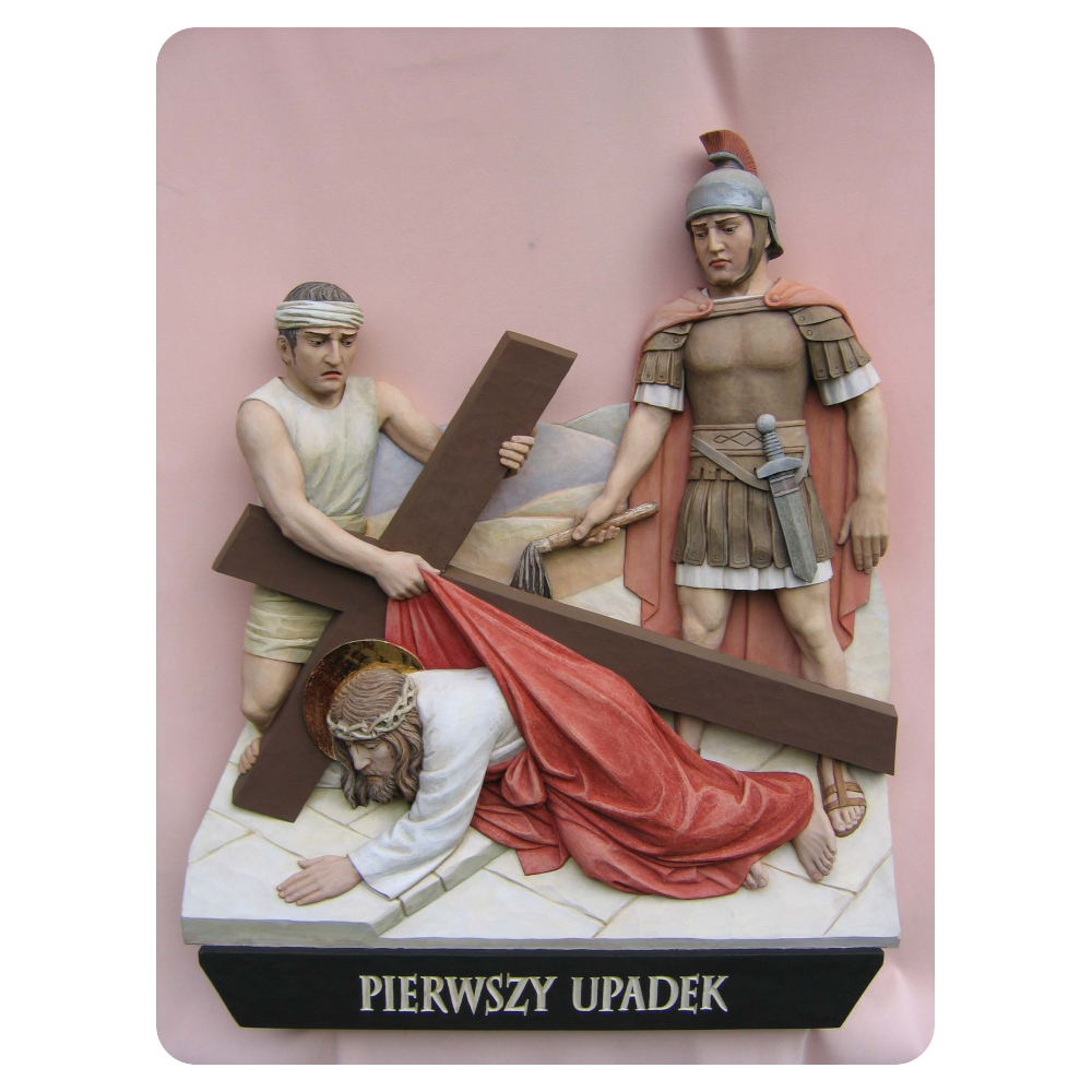 Stacja 3 Drogi Krzyżowej - Pierwszy upadek - rzeźba w drewnie