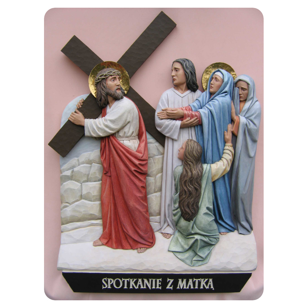 Stacja 4 Drogi Krzyżowej - Spotkanie z Matką - rzeźba w drewnie