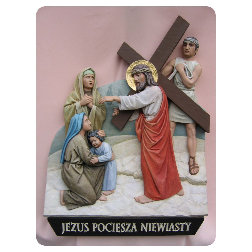 Stacja 8 Drogi Krzyżowej - Jezus pociesza niewiasty - rzeźba w drewnie