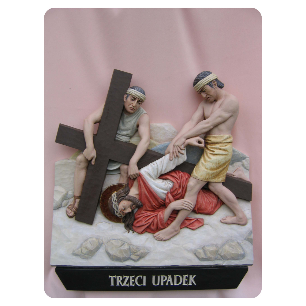 Stacja 9 Drogi Krzyżowej - Trzeci upadek - rzeźba w drewnie
