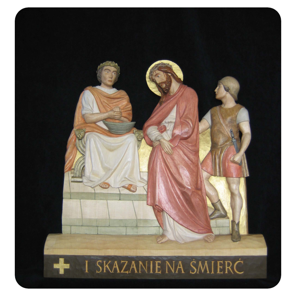 Stacja I Drogi Krzyżowej - Skazanie na śmierć - płaskorzeźba drewniana