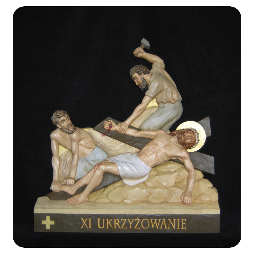 Stacja XI Drogi Krzyżowej - Ukrzyżowanie - płaskorzeźba drewniana