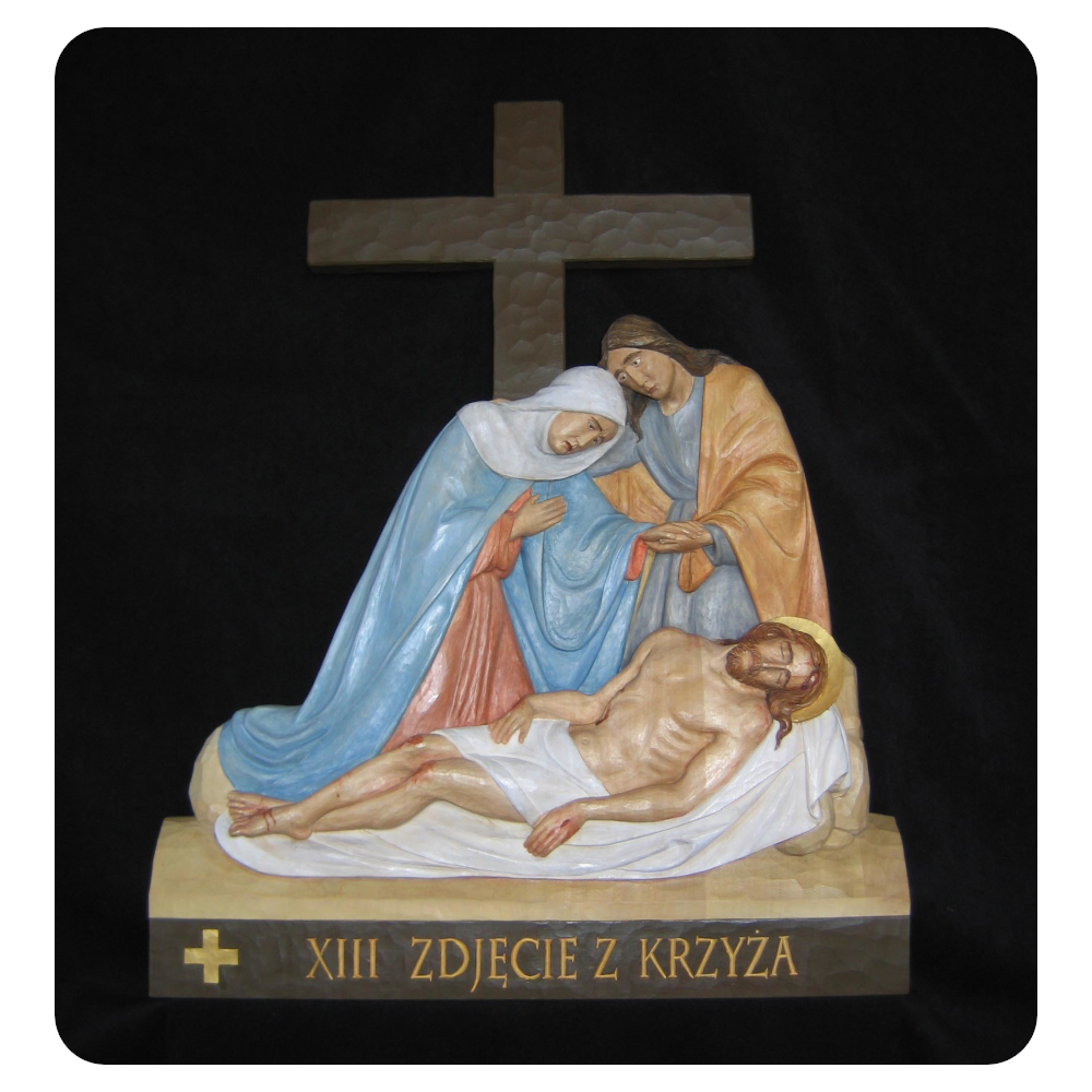 Stacja XIII Drogi Krzyżowej - Zdjęcie z krzyża - płaskorzeźba drewniana