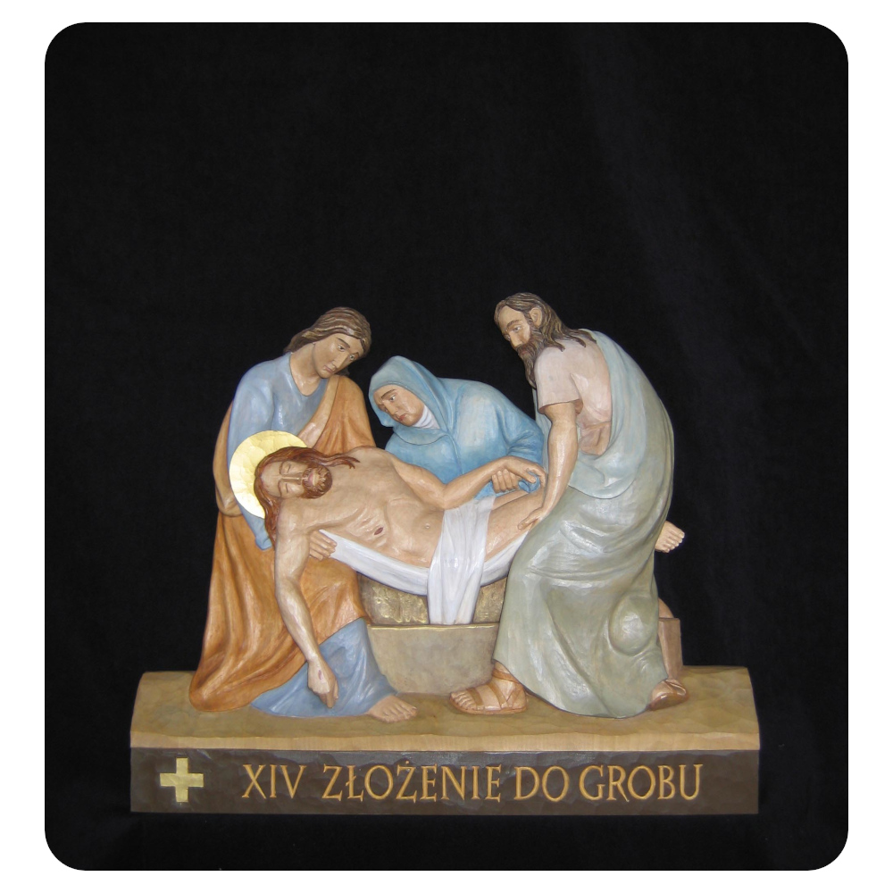 Stacja XIV Drogi Krzyżowej - Złożenie do grobu - płaskorzeźba drewniana