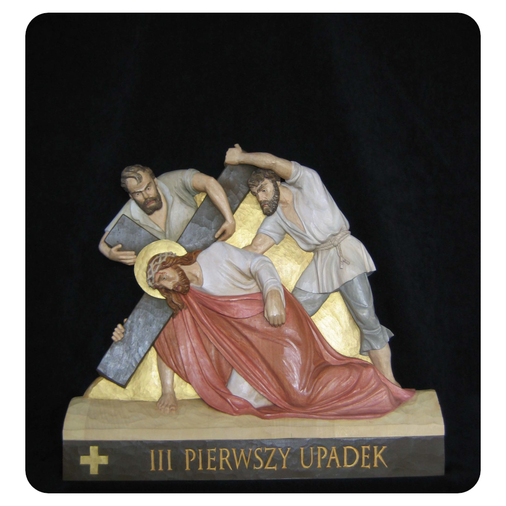 Stacja III Drogi Krzyżowej - Pierwszy upadek - płaskorzeźba drewniana