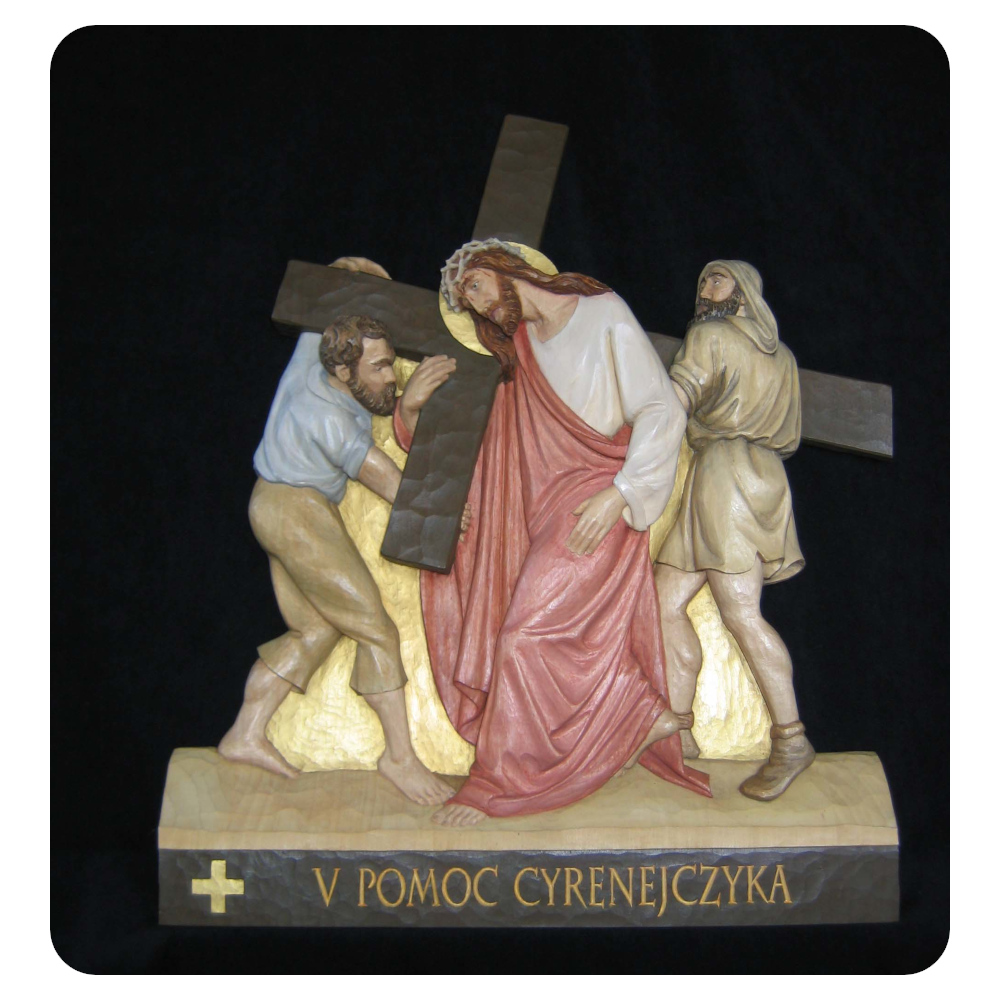 Stacja V Drogi Krzyżowej - Pomoc cyrenejczyka - płaskorzeźba drewniana