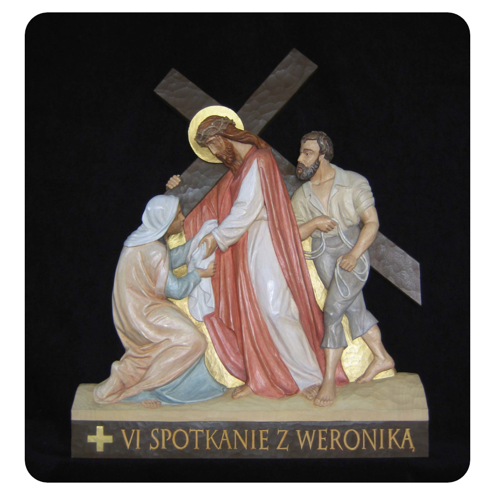 Stacja VI Drogi Krzyżowej - Spotkanie z Weroniką - płaskorzeźba drewniana