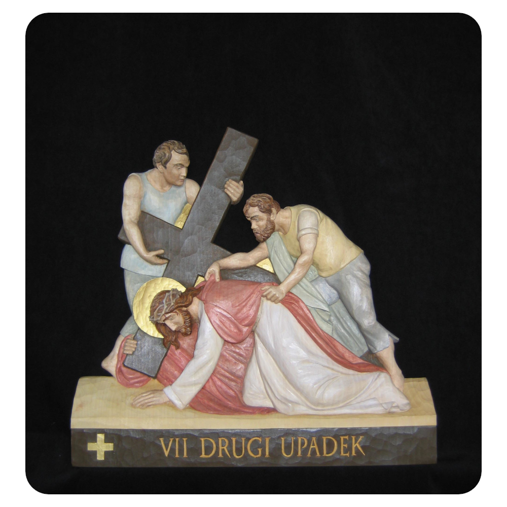 Stacja VII Drogi Krzyżowej - Drugi upadek - płaskorzeźba drewniana