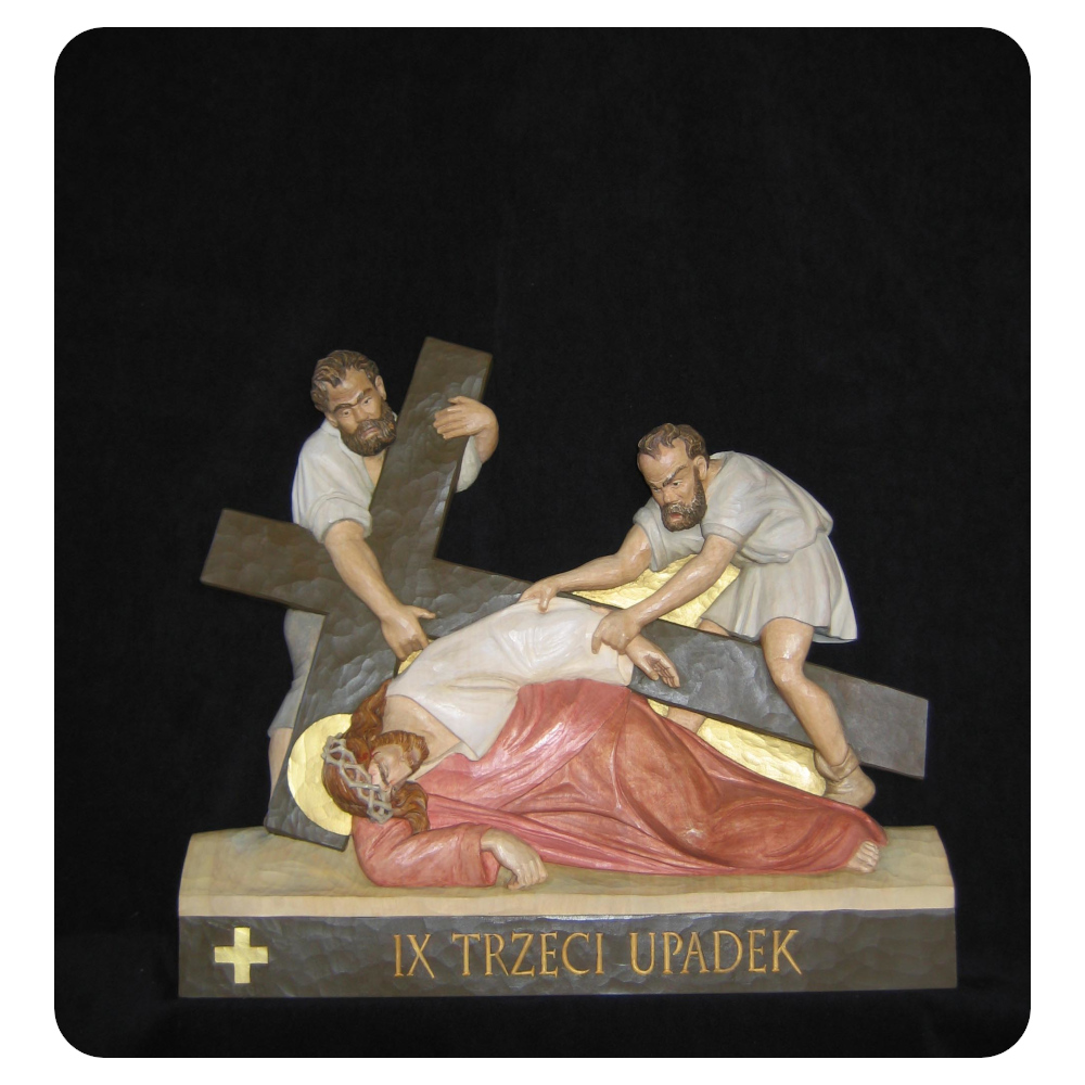 Stacja IX Drogi Krzyżowej - Trzeci upadek - płaskorzeźba drewniana