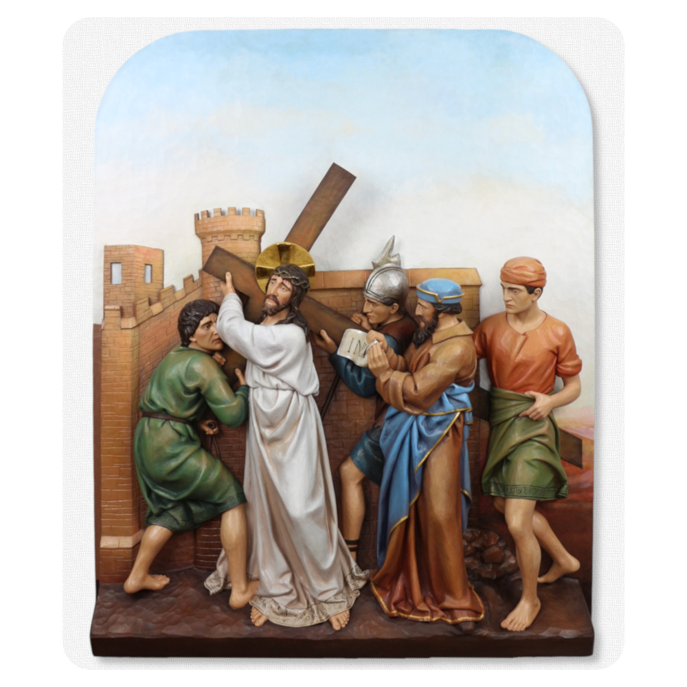 Stacja II Drogi Krzyżowej - Pan Jezus bierze krzyż na swe ramiona - polichromowana rzeźba sakralna