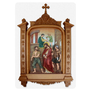 Stacja 1 Drogi Krzyżowej w dębowej ramie - Pan Jezus na śmierć skazany - rzeźba