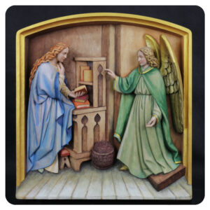 Scena Zwiastowania, rzeźba drewniana, kolorowa