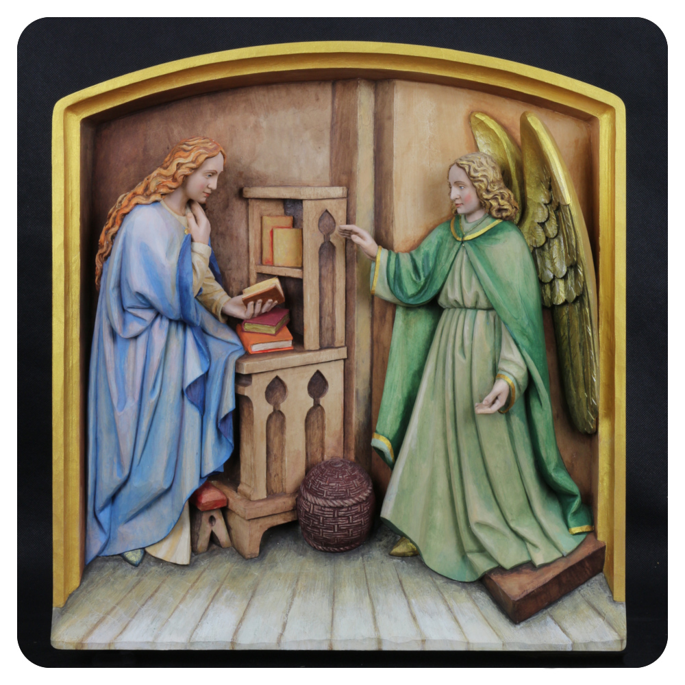 Scena Zwiastowania, rzeźba drewniana, kolorowa